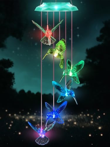 Diamond Cut Hummingbird Solar Wind Chime for Garden 28 Green Light