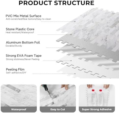 STICKGOO Peel and Stick Backsplash Tiles White Marble with Silver Metal 10 Sheets