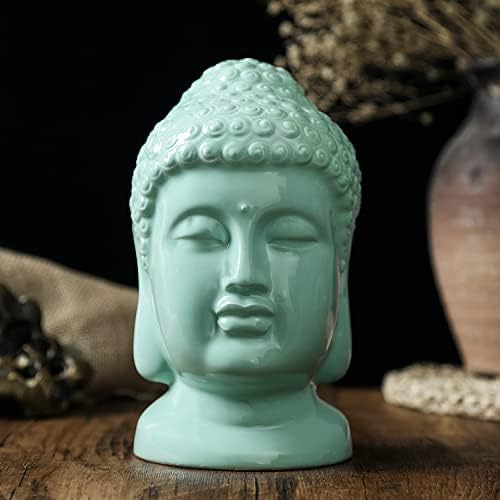 Ceramic Buddha Head Statue Green Religious Home Decor