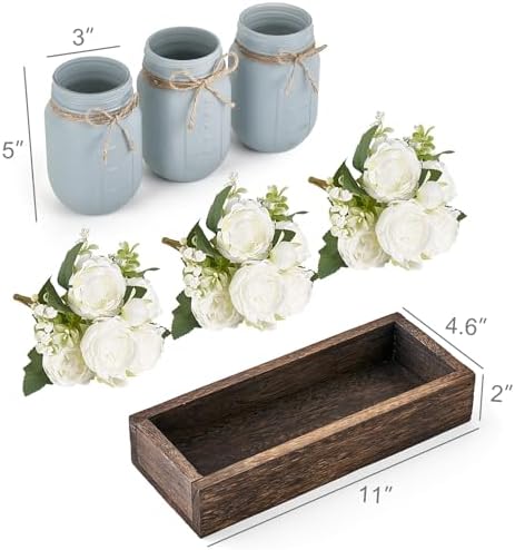 Mkono Decorative Wood Tray With 3 Painted Jars And Artificial Flowers