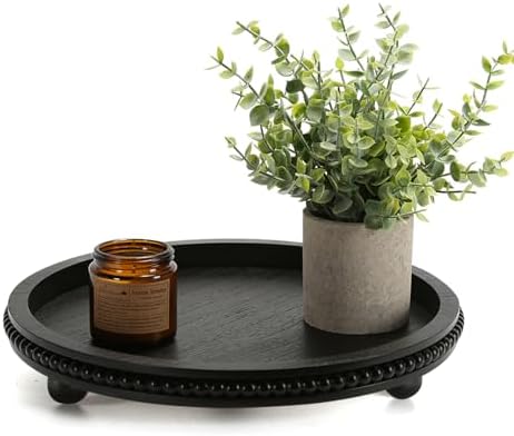 Round Black Wooden Beaded Decor Tray for Coffee Table