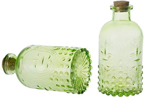 MyGift Vintage Embossed Green Glass Diffuser Bottle Set of 2