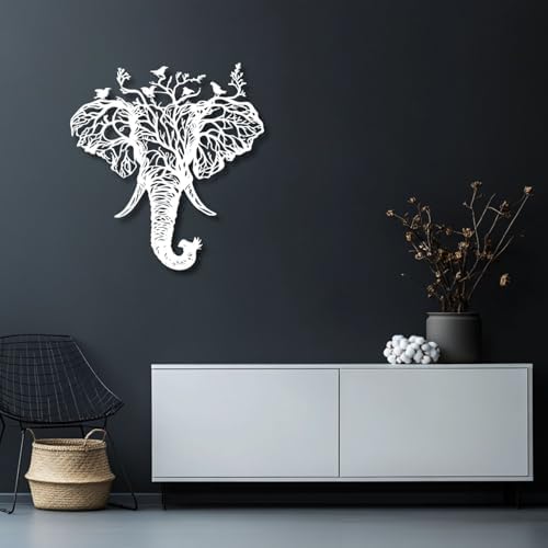Flewfar Elephant Head Metal Wall Art Birds And Tree Hanging Decoration White 19x19 Inch Unframed