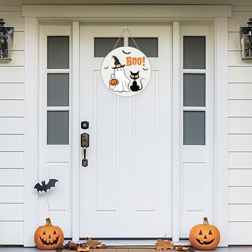 Halloween Door Wreath Cute Ghost Black Cat Front Door Decor