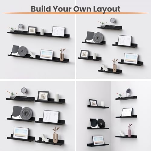 Upsimples Floating Shelves Set of 6 Black Wall Mounted Wood Shelves for Decor