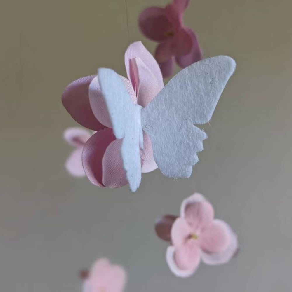 Modern Beige Butterfly Mobile 32 Inch Whimsical Flower Hanging Decor for Home