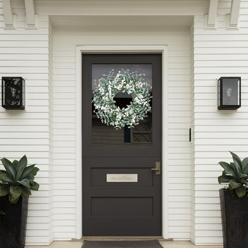 Sggvecsy Artificial Greenery Wreath with White Berries - 22 Inch Flocked Lambs Ear Wall Decor