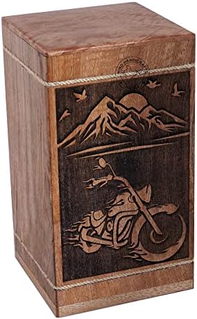 Biker Wooden Urn with Mountain Rising Sun Design - Handmade Hardwood Cremation Urn for Burial and Memorial