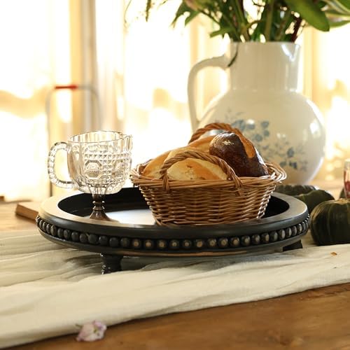 Wooden Tray for Home Decor Black Round Beaded