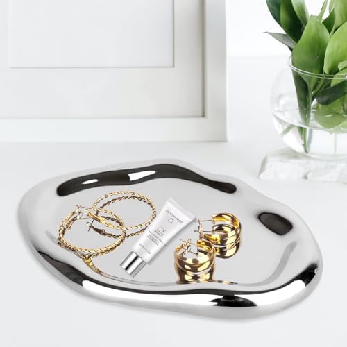 CHENDECOR Silver Ceramic Vanity Tray Decorative Organizer