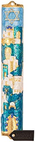 Matashi Jerusalem Cityscape Mezuzah with Gold Accents and Star of David Crystals