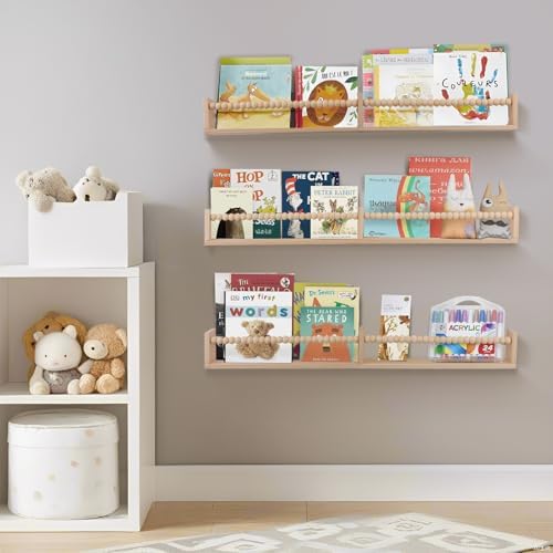 Birola Floating Book Shelves Set of 3 for Kids Room Natural