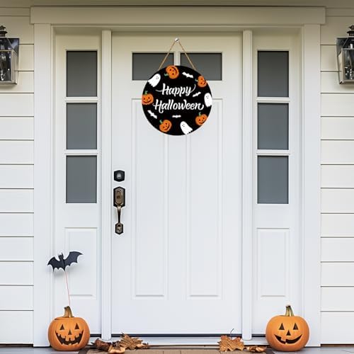 Cute Halloween Wreath with Ghosts Pumpkins Bats Hanging Sign