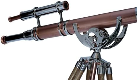 Nautical Vintage Brass Chrome Copper Double Barrel Telescope with Teak Tripod