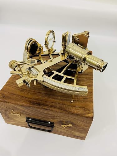 Vintage Brass Nautical Sextant With Decorative Wooden Box