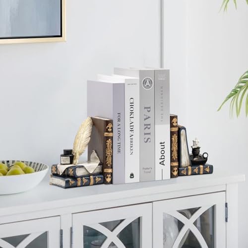 Vintage L Shaped Bookends with Feather Quill and Oil Lamp Design