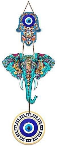 Decorative Wooden Elephant Hamsa Wall Hanging Set of 2
