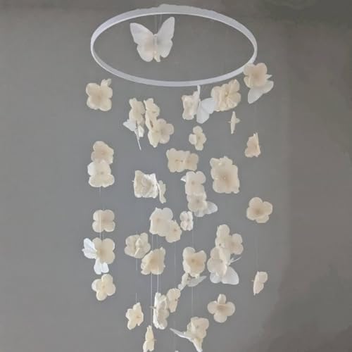Modern Beige Butterfly Mobile 32 Inch Whimsical Flower Hanging Decor for Home