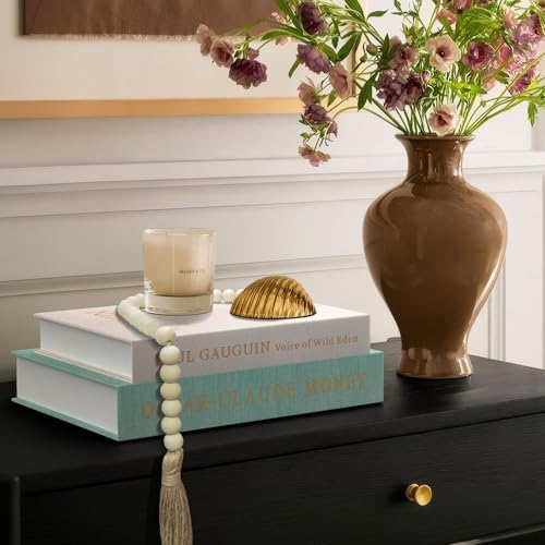 Decorative Books for Home Decor Set of 2 Linen Faux Book Storage Boxes with Wooden Bead Tassel