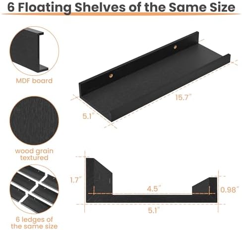 Upsimples Floating Shelves Set of 6 Black Wall Mounted Wood Shelves for Decor