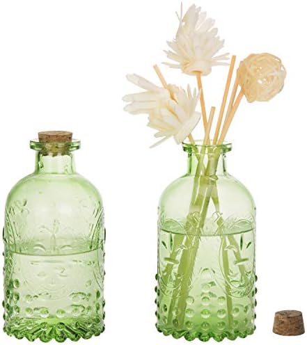 MyGift Vintage Embossed Green Glass Diffuser Bottle Set of 2