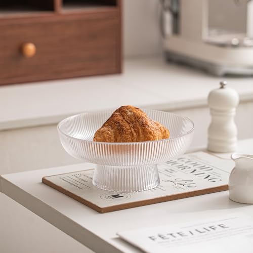 INSETLAN Clear Glass Fruit Bowl with Ribbed Design