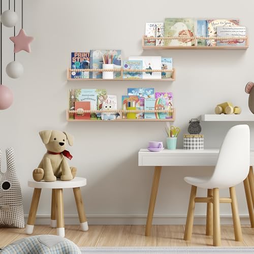 Birola Floating Book Shelves Set of 3 for Kids Room Natural