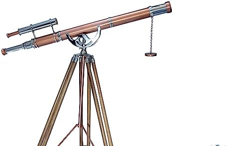 Vintage Brass Wood Telescope with Adjustable Tripod Stand
