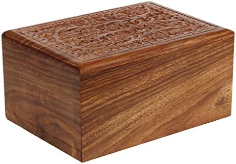 Hand Carved Wooden Urn Box - Cremation Urn for Human Ashes 7x5 Inch