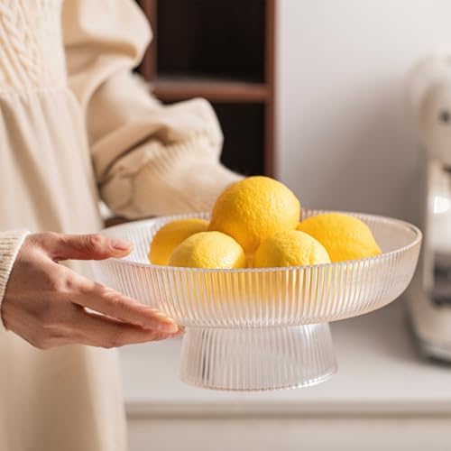 INSETLAN Clear Glass Fruit Bowl with Ribbed Design