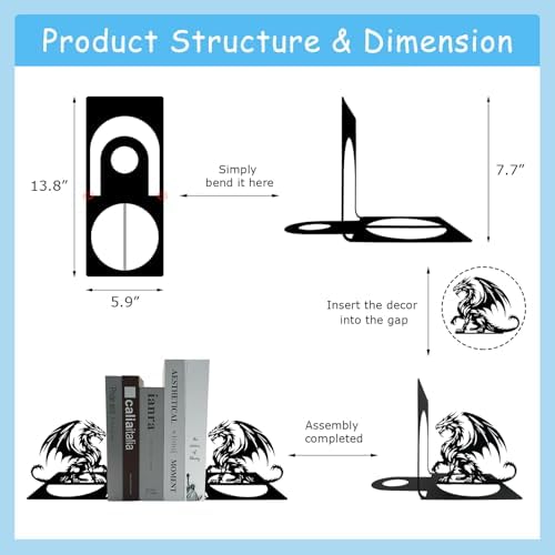 Dragon Metal Bookends for Home Office Bookshelf Decor