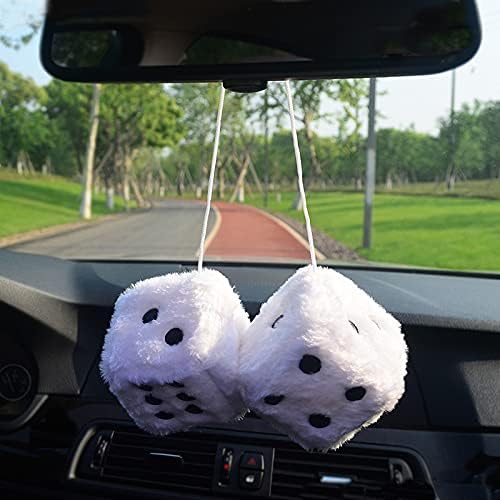 Pair 3 Inch Black with White Dots Mirror Fuzzy Dice