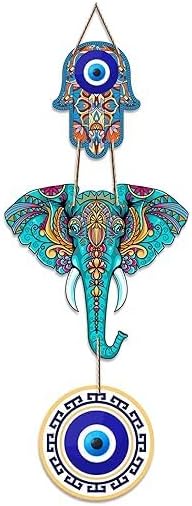 Decorative Wooden Elephant Hamsa Wall Hanging Set of 2
