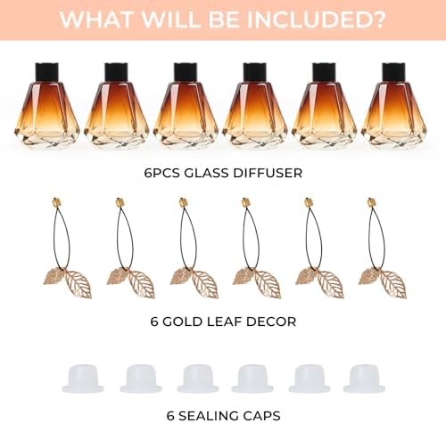 6PCS Diamond Reed Diffuser Set with Gold Leaf Decor