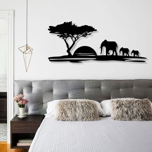 Cadeali Sunset Elephant Metal Wall Art Black 30x13