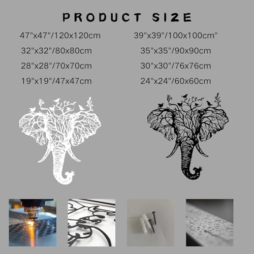 Flewfar Elephant Head Metal Wall Art Birds And Tree Hanging Decoration White 19x19 Inch Unframed