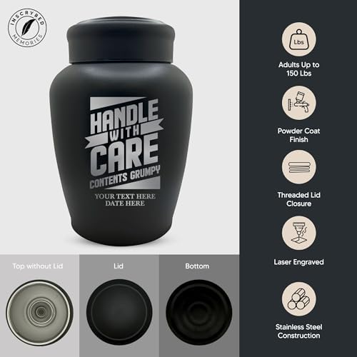 Personalized Human Cremation Urn For Adult Ashes - Engraved Stainless Steel Urn with Funny Handle and Grumpy Design