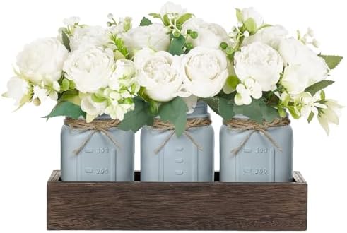 Mkono Decorative Wood Tray With 3 Painted Jars And Artificial Flowers