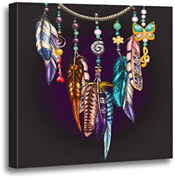 Ansouyi 12x12 Inches Canvas Wall Art Ornate Dream Catcher Feathers and Colorful Gemstones Decorative Print