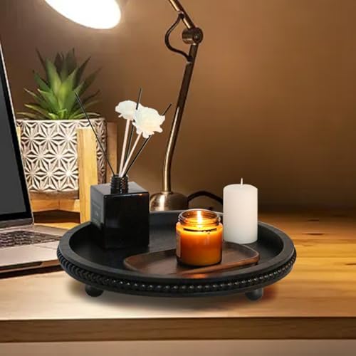 Round Black Wooden Beaded Decor Tray for Coffee Table