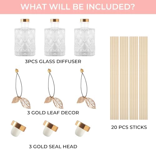 Glass Reed Diffusers Bottles Set of 3 with 20 Sticks