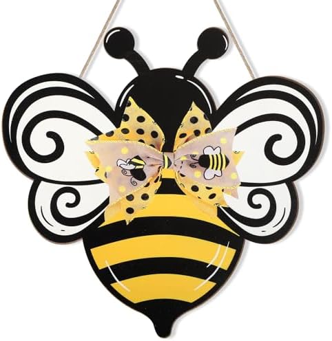 Bee Wooden Wreath Front Door Welcome Sign with Bow Ribbon