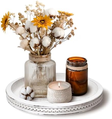 CEDARLUX Wooden Round Decorative Tray - Modern Farmhouse White Coffee Table Serving Tray