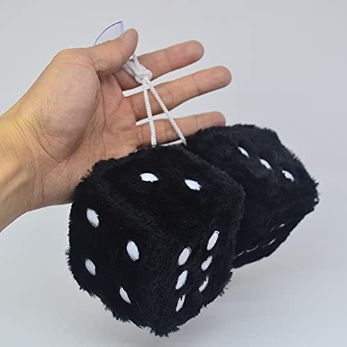 Pair 3 Inch Black with White Dots Mirror Fuzzy Dice