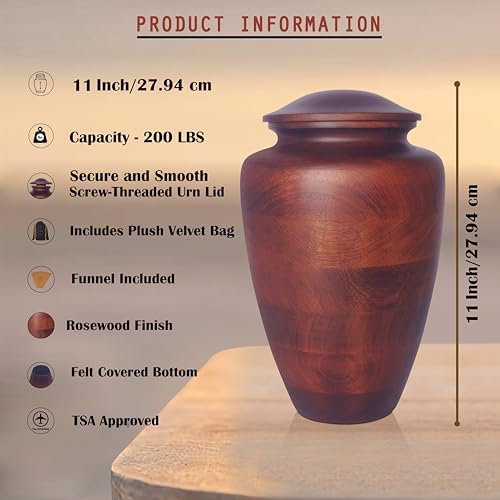 ZIYA Large Wooden Cremation Urn for Human Ashes - Rosewood Burial Urn with Velvet Bag