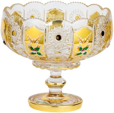 G Crystal Glass Fruit Bowl with Gold Accents and Floral Design