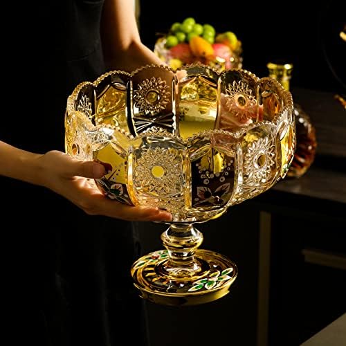 G Crystal Glass Fruit Bowl with Gold Accents and Floral Design