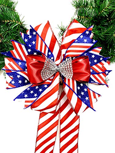 Patriotic Christmas Wreath Bow Red White Blue Door Welcome Bow Stars and Stripes Decor