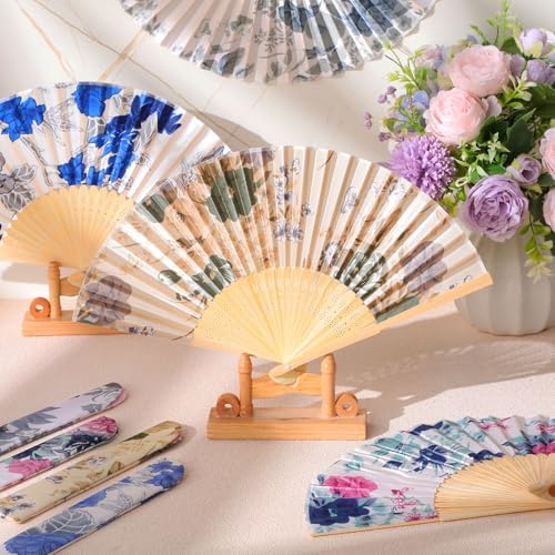 Zonon 4 Pack Handheld Silk Bamboo Folding Fans with Tassel