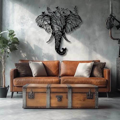 Flewfar Elephant Head Metal Wall Art Birds And Tree Hanging Decoration White 19x19 Inch Unframed